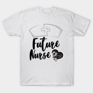 Future Nurse black text design with nurse hat, heart and stethoscope. T-Shirt